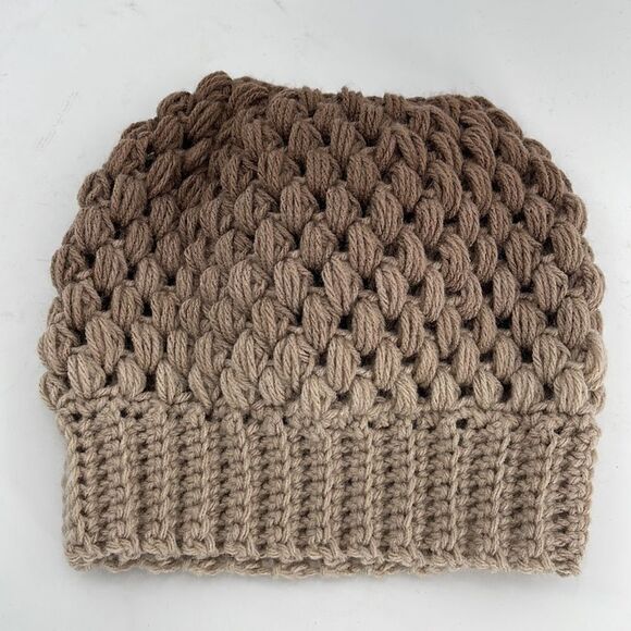 Handmade Napper bun beanie ponytail stocking cap one size NEW brown tan cream - Picture 9 of 10